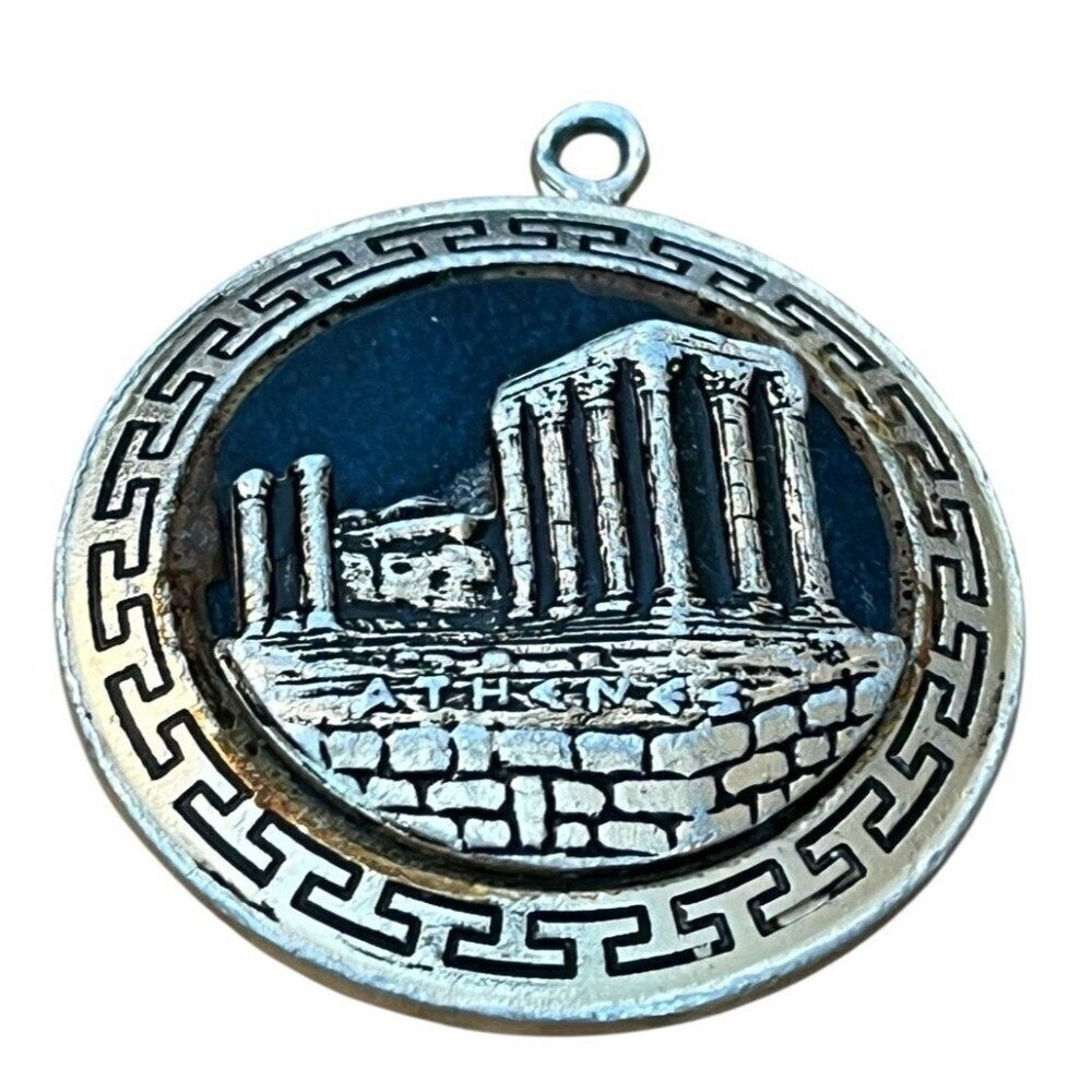 Vintage Round Raised Gold Tone Parthenon Pendant Athens Greece Souvenir